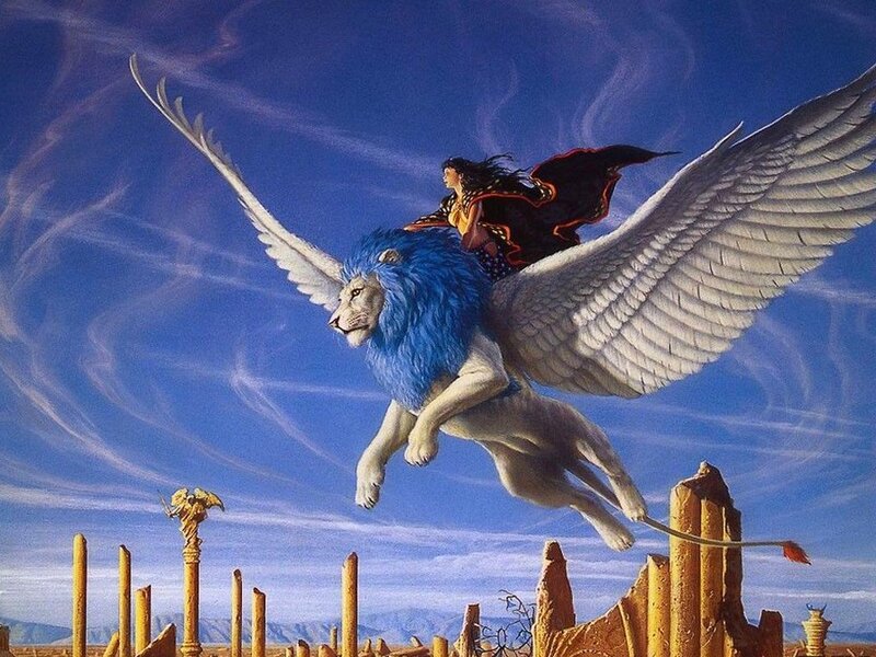 Woman Riding Winged Lion — Blue