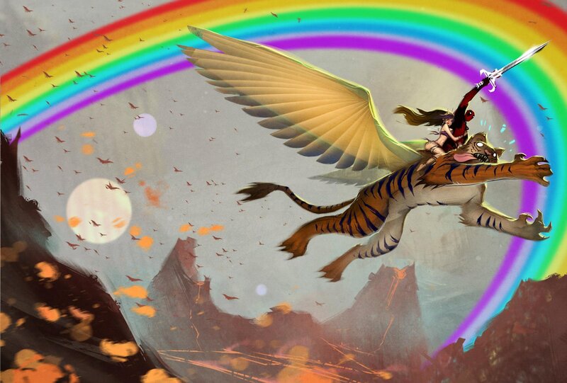 Woman Riding Winged Tiger — Orange, Dramatic