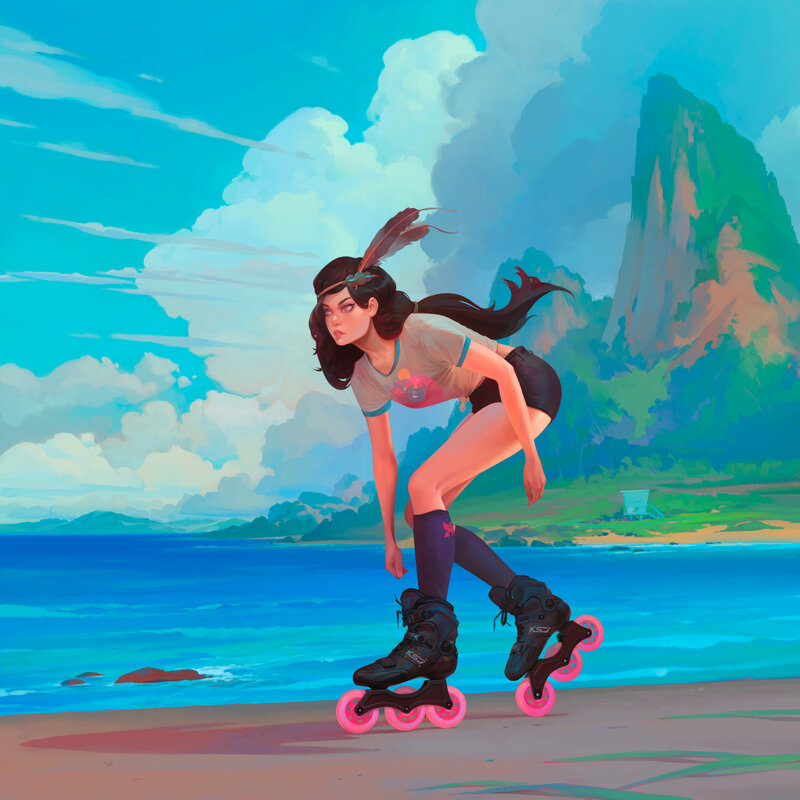 Woman Rollerblading on Beach