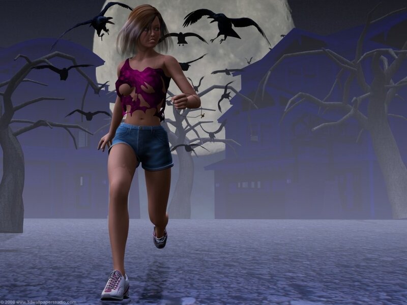 Woman running from crows