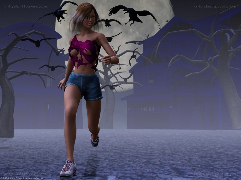 Woman running from crows