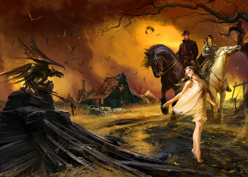 Woman Running from Dragon