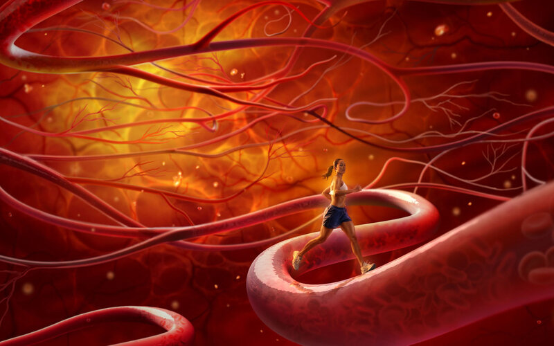 woman running inside blood vessels