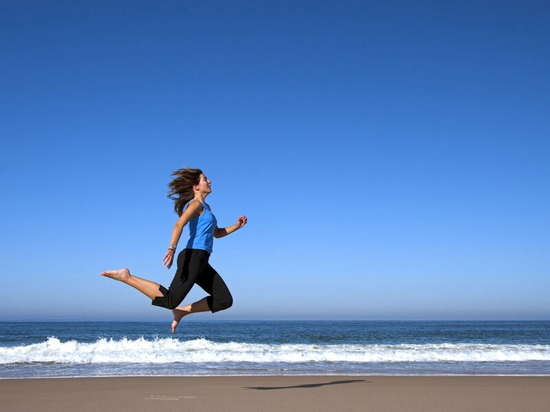 Woman Running on Beach — Blue, Active, Afternoon, Photograph, Ocean, Sky