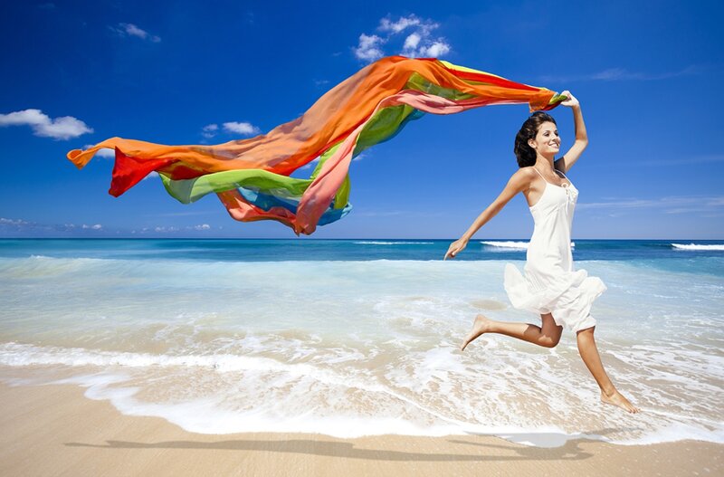 Woman Running on Beach — Blue, Joyful