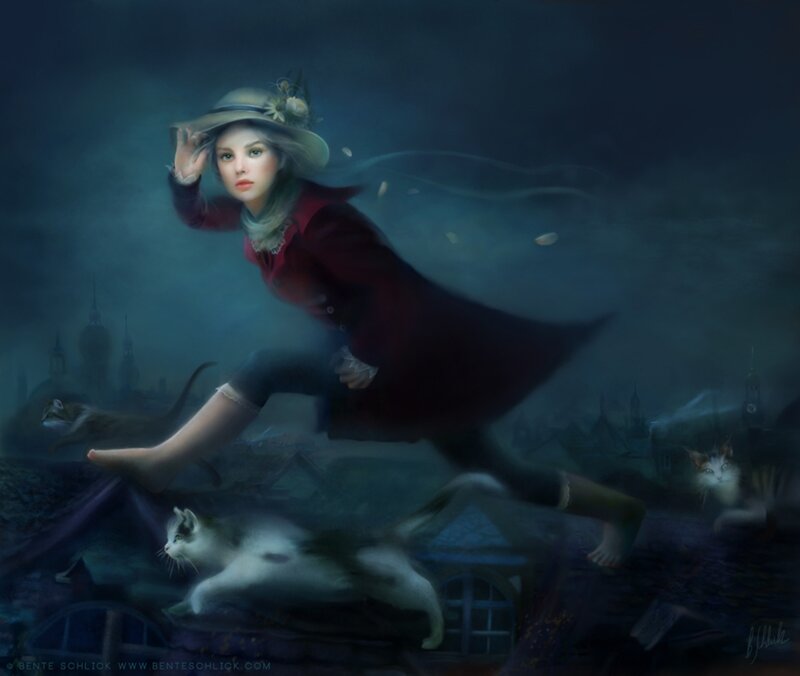 Woman Running on Rooftops