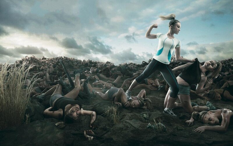 Woman running over fallen crowd