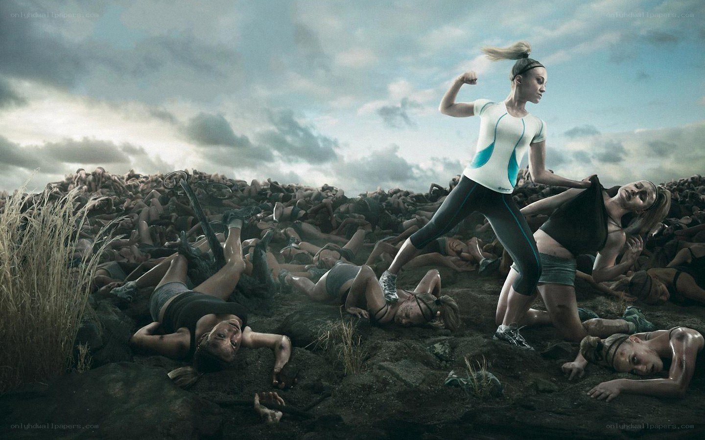 Woman running over fallen crowd