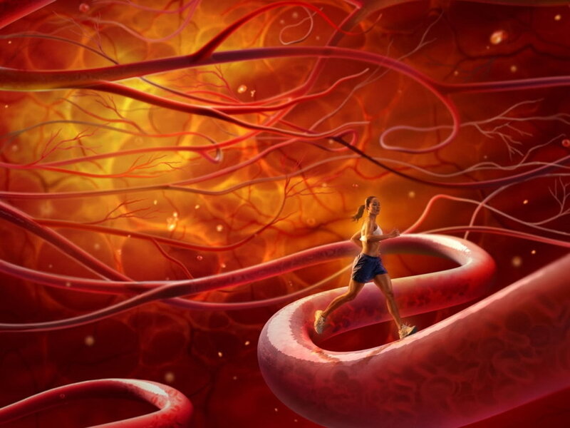 woman running through blood vessels