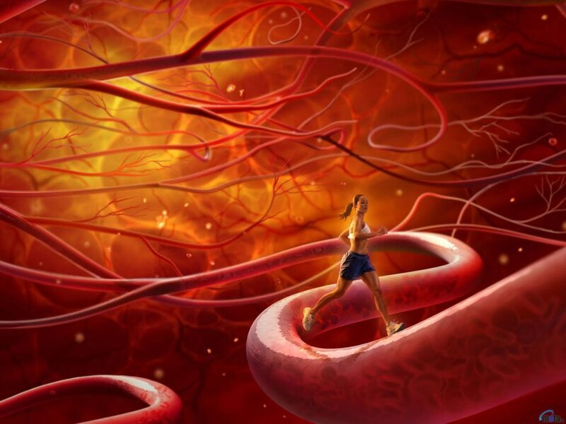woman running through blood vessels
