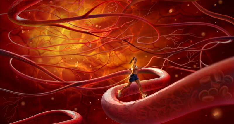 woman running through blood vessels