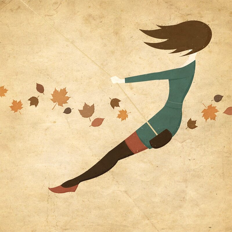 woman running with autumn leaves