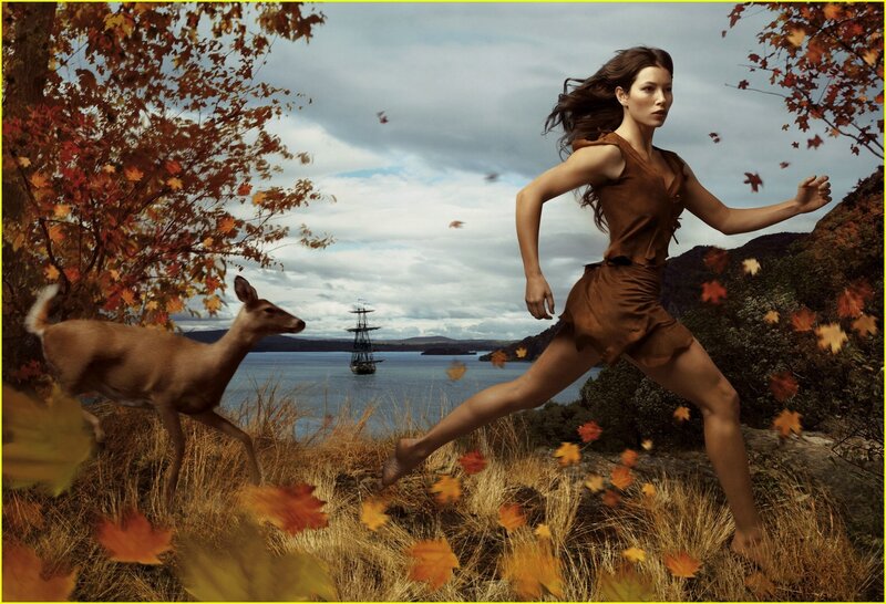 Woman Running with Deer — Brown, Dramatic