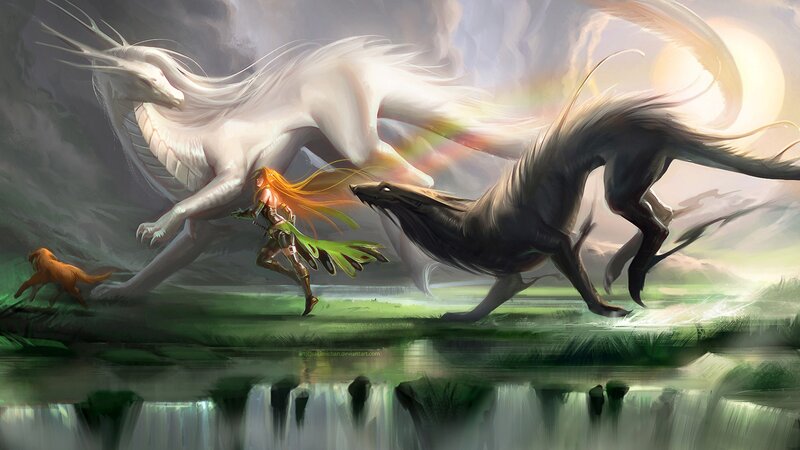 Woman Running with Dragons