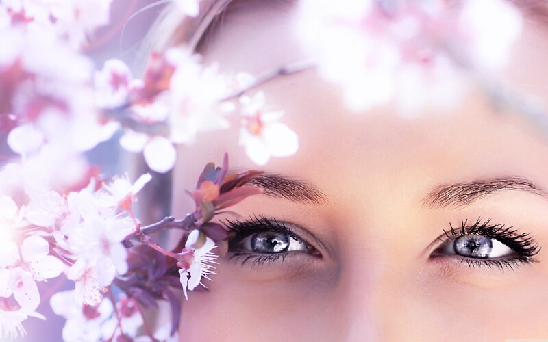 Woman's Eyes with Flowers — White, Serene, Spring, Photograph