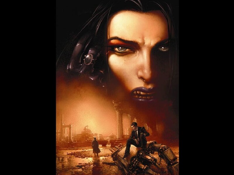 Woman's Face and Man in Ruins
