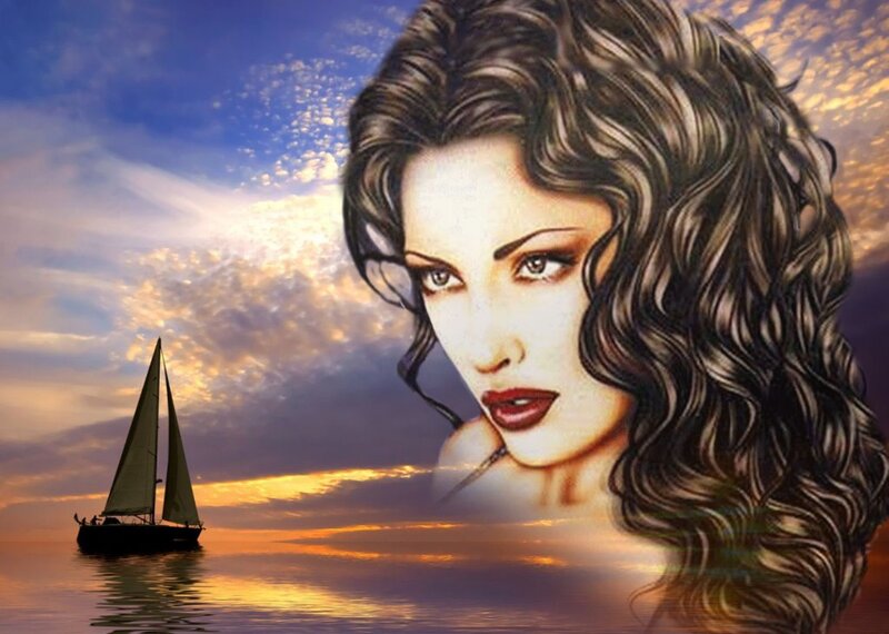 Woman's Face and Sailboat — Blue
