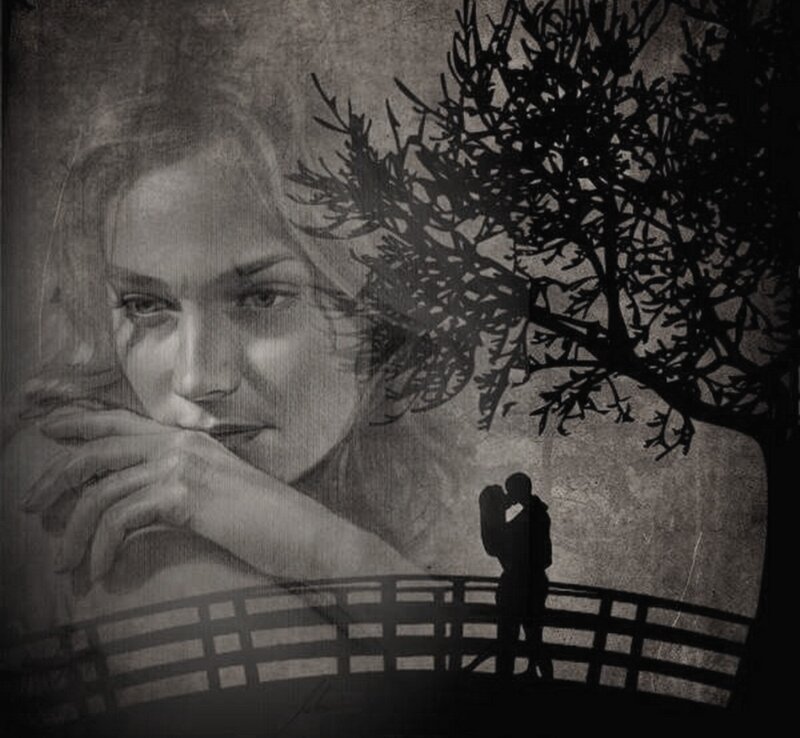 Woman's Face and Silhouetted Couple