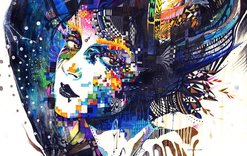 Woman's Face Collage — Blue, Vibrant, Digital Art