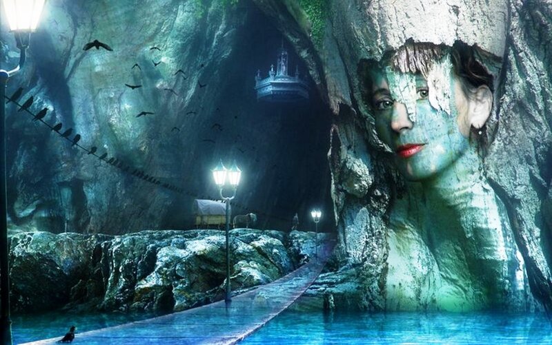 Woman's Face in Cave — Blue