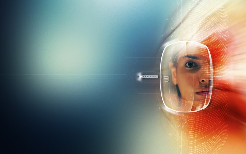 Woman's Face in Digital Interface — Blue