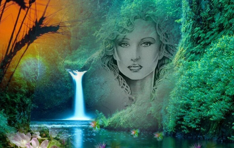 Woman's Face in Forest — Green, Serene, Sunset