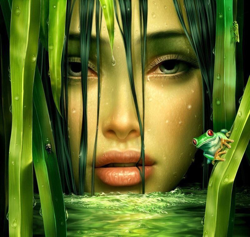 woman's face in green reeds