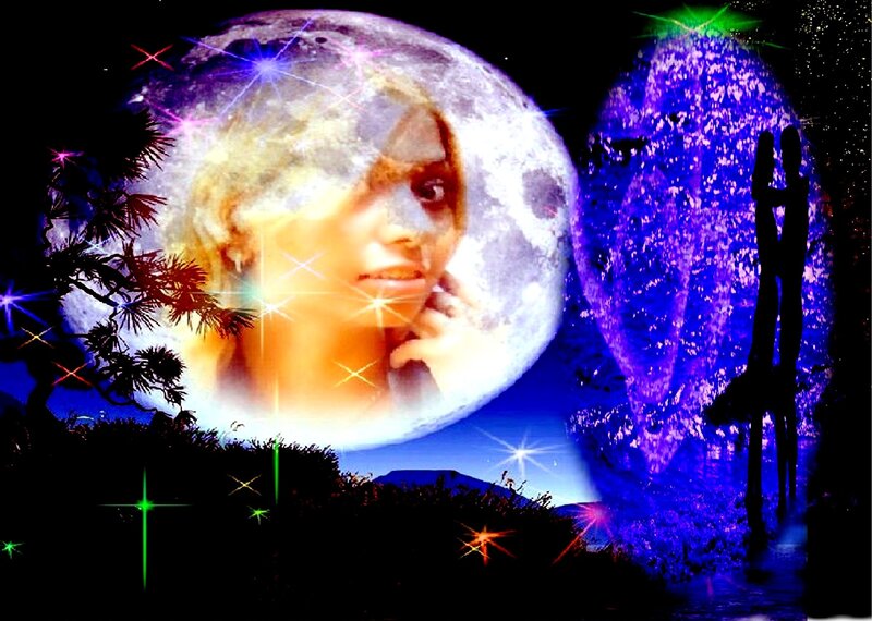 Woman's Face in Moon — Blue, Dreamy, Night, Digital Art