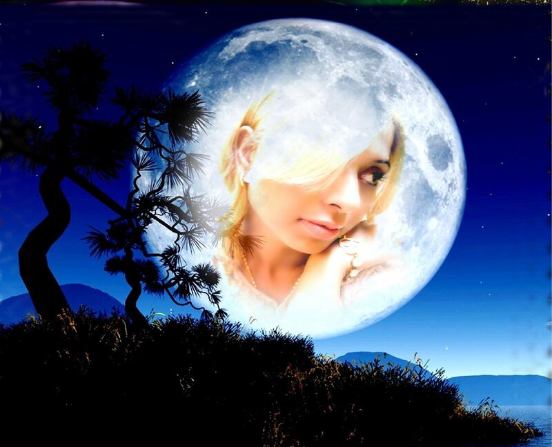 Woman's Face in Moon — Blue, Dreamy