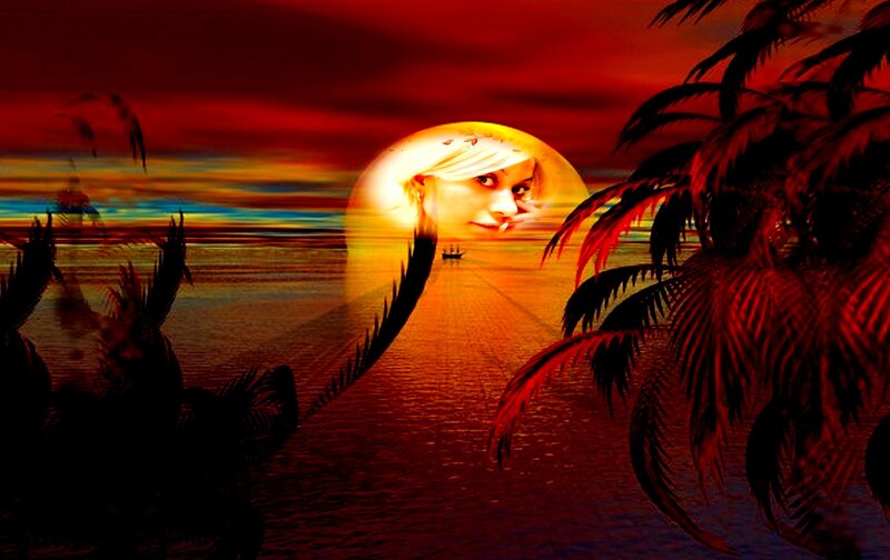 Woman's Face in Moon — Red