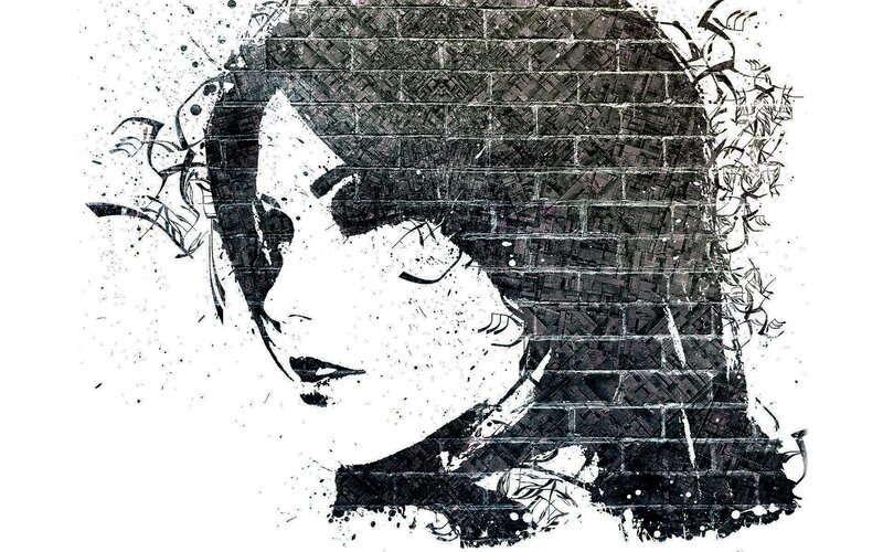 Woman's Face in Profile — Black, Dramatic, Digital Art, Brick Wall