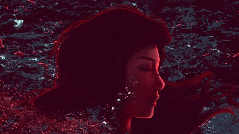 Woman's Face in Profile — Red, Dramatic, Digital Art