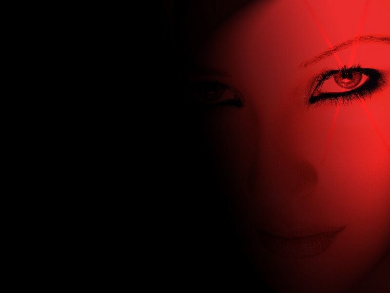Woman's Face in Red Light — Dramatic, Night, Photograph, Eyes