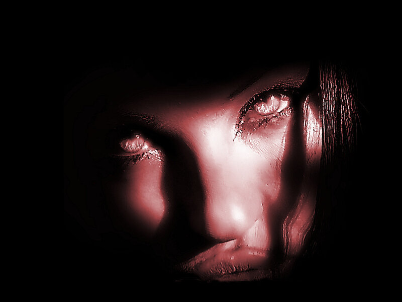 Woman's Face in Red Light — Dramatic, Night, Photograph