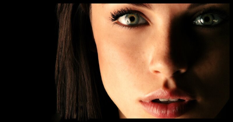 Woman's Face in Shadow — Black, Dramatic, Photograph, Eyes, Hair