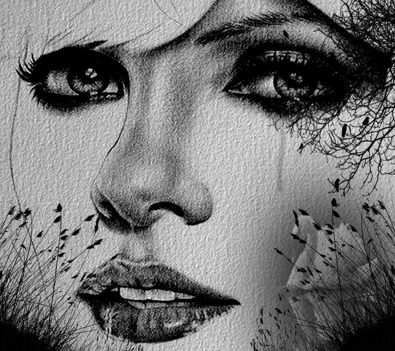 Woman's Face in Sketch — Black, Dramatic, Illustration