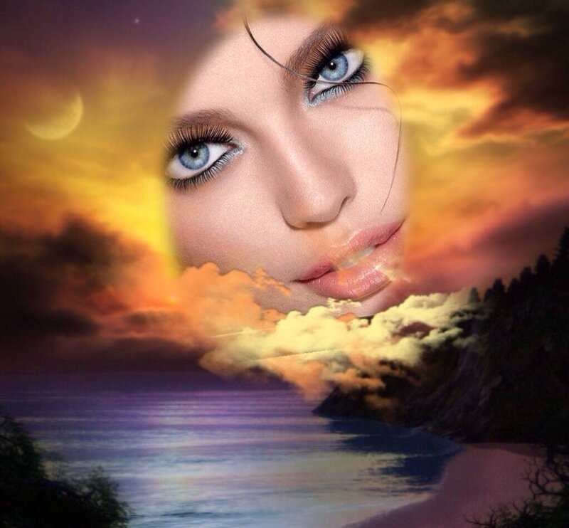 Woman's Face in Sunset — Orange, Dramatic, Digital Art