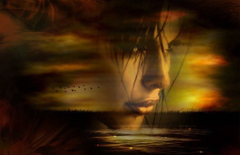 Woman's Face in Sunset — Orange, Dramatic