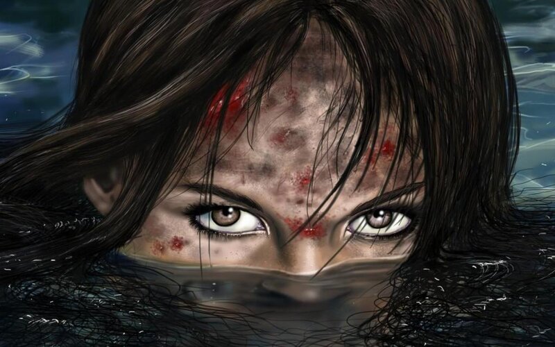 Woman's Face in Water — Black, Dramatic, Digital Art, Blood, Eyes