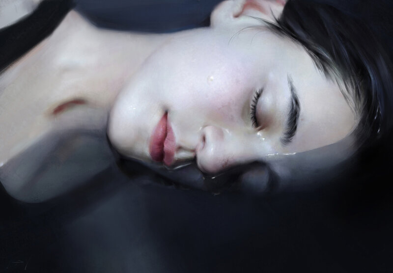 Woman's Face in Water — Black, Dramatic, Digital Art, Hair
