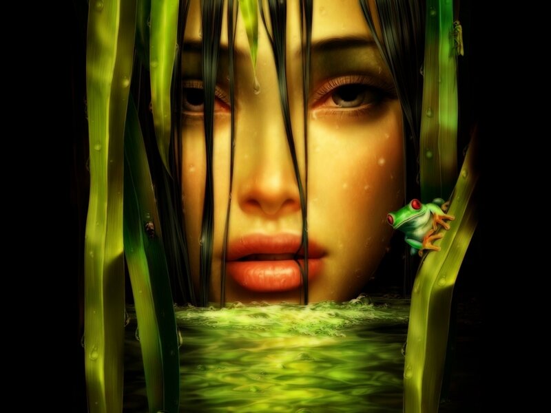 Woman's Face in Water — Green, Dramatic