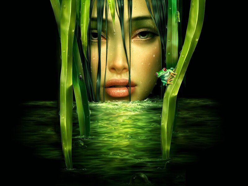 Woman's Face in Water — Green, Serene, Night, Digital Art