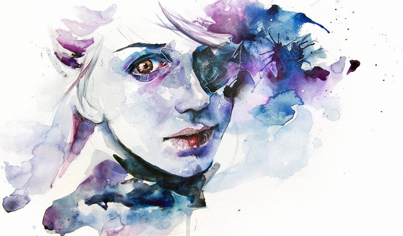Woman's Face in Watercolor — Blue, Dramatic