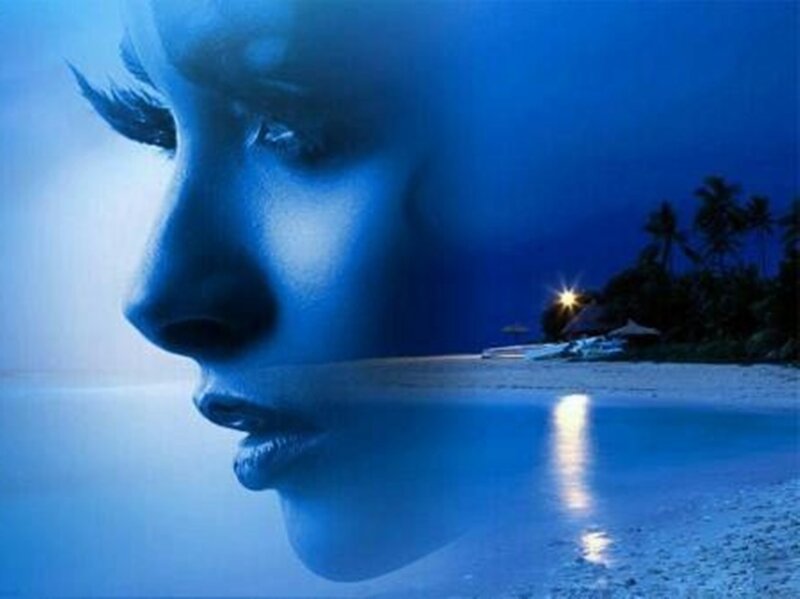 Woman's Face on Beach — Blue, Serene