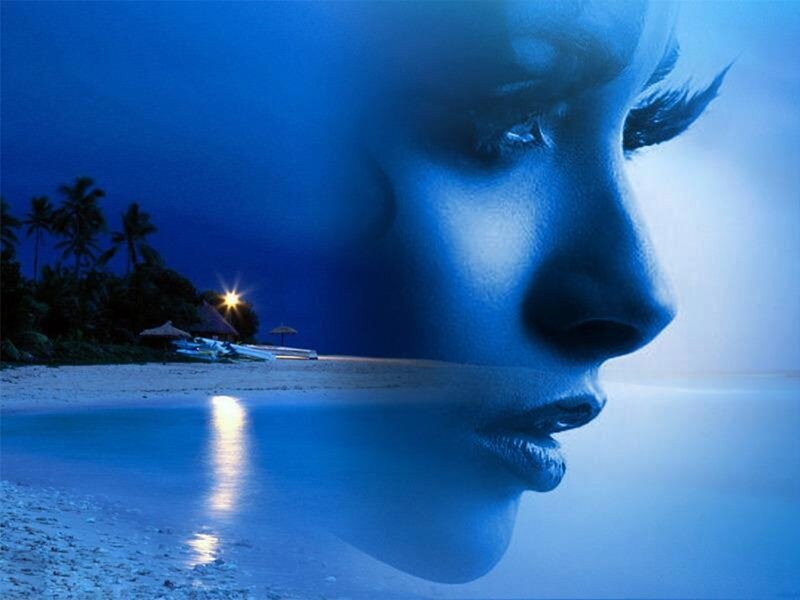 Woman's Face on Beach — Blue
