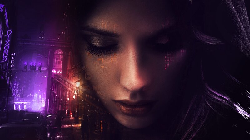 woman's face over cityscape