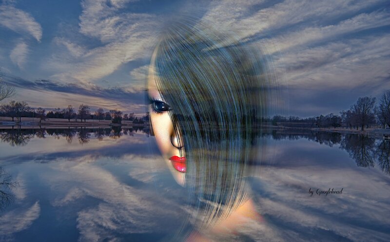 Woman's Face over Lake — Blue