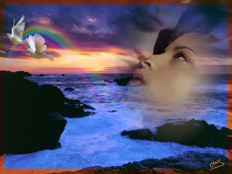 Woman's Face over Ocean — Blue