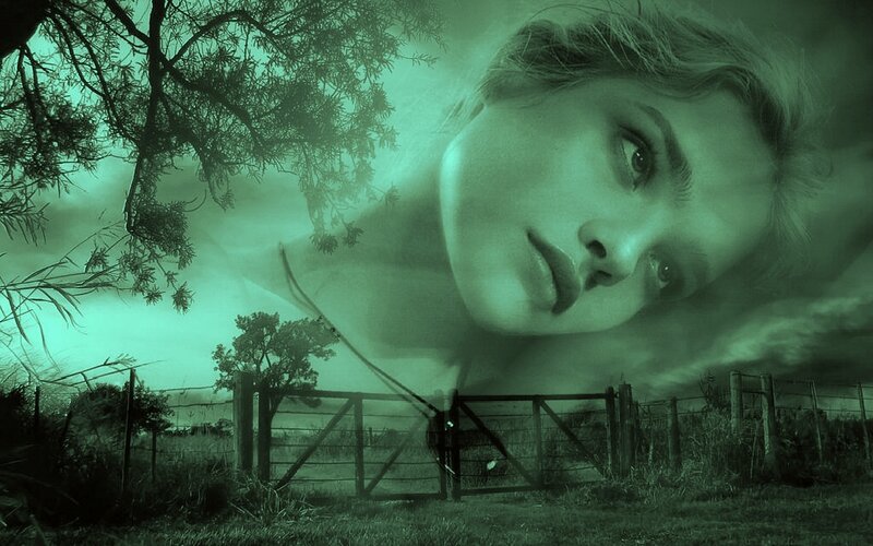 woman's face over rural landscape