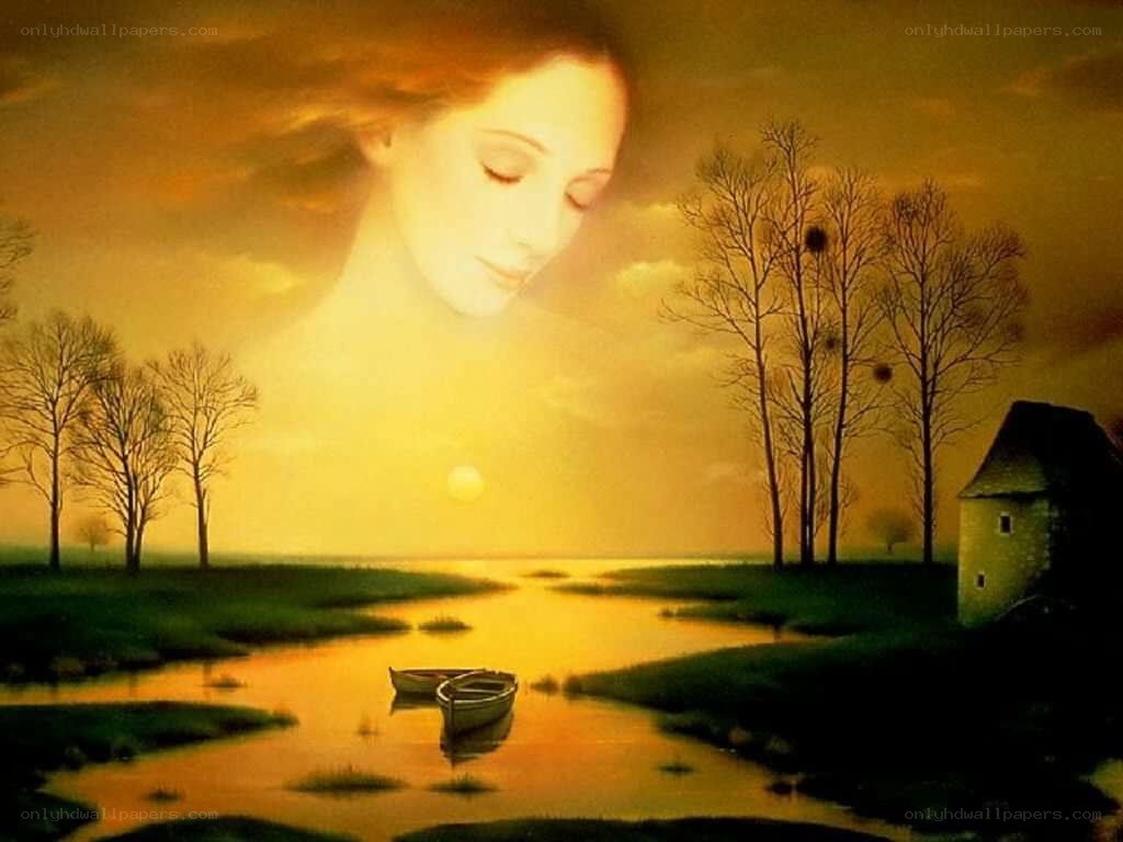 woman's face over sunset landscape